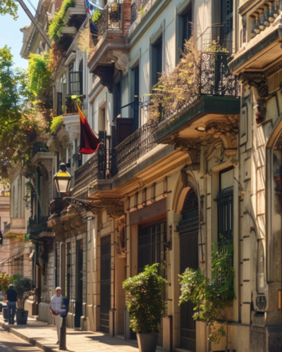 A picturesque street in Colonia Roma lined with Art Nouveau buildings.
