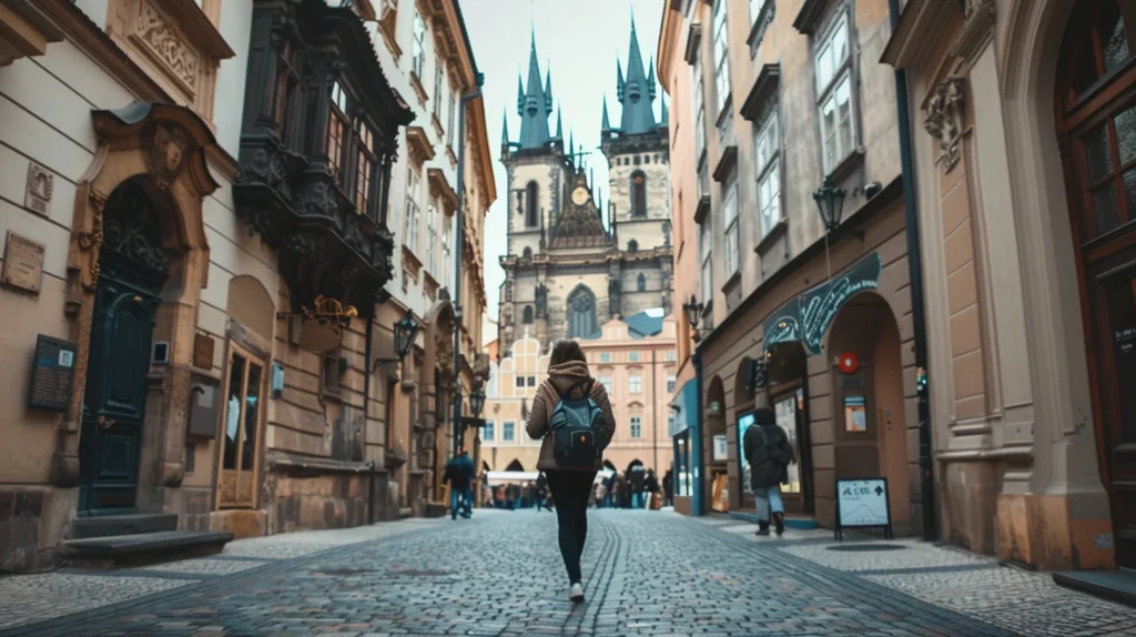 A woman with a backpack walking along a cobblestone street of a historic city in Europe