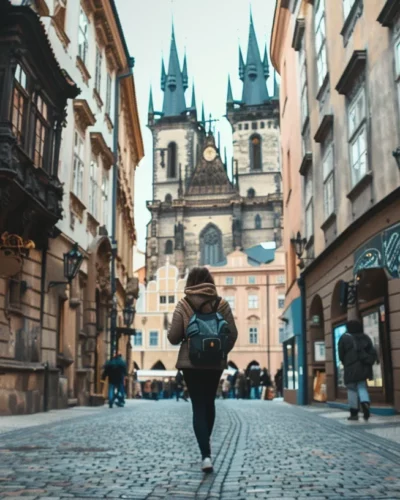 A woman with a backpack walking along a cobblestone street of a historic city in Europe