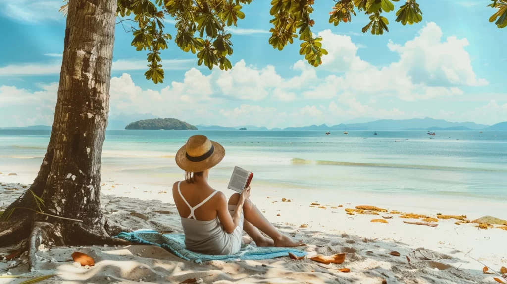 A woman reading a book and relaxing on the beach while sitting on a blanket under the tree 