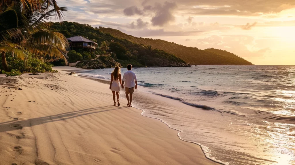 A couple walking along the beach of a private island rental during sunset