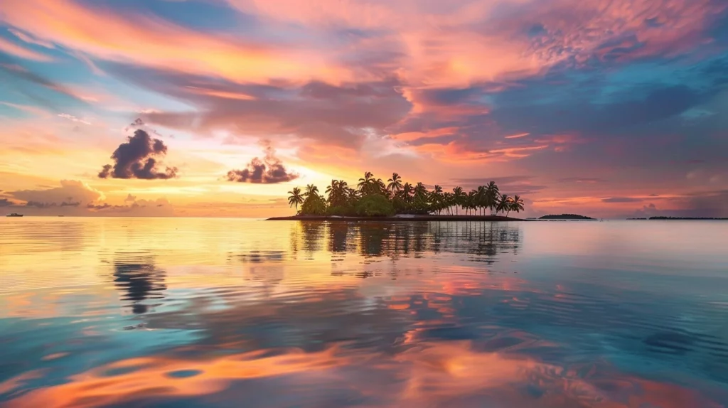 A breathtaking sunset view from a private island with gradient skies reflecting on the waters 