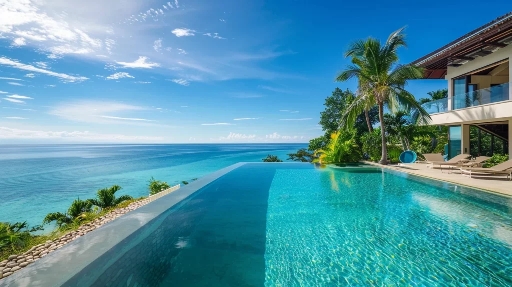 A beachfront luxury villa in a private island rental with an infinity pool