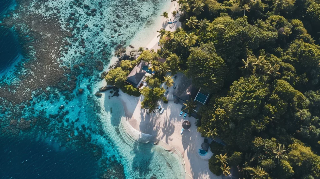Aerial shot of Madifushi Private Island in The Maldives