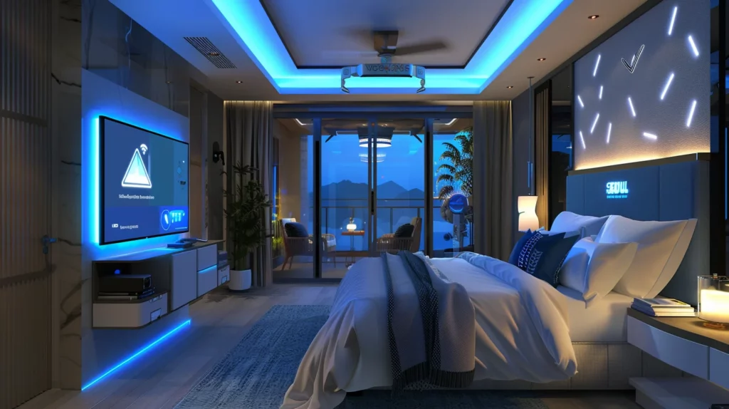 A hotel room with a queen-sized bed, a smart TV, and a floor-to-ceiling glass door that leads to a balcony
