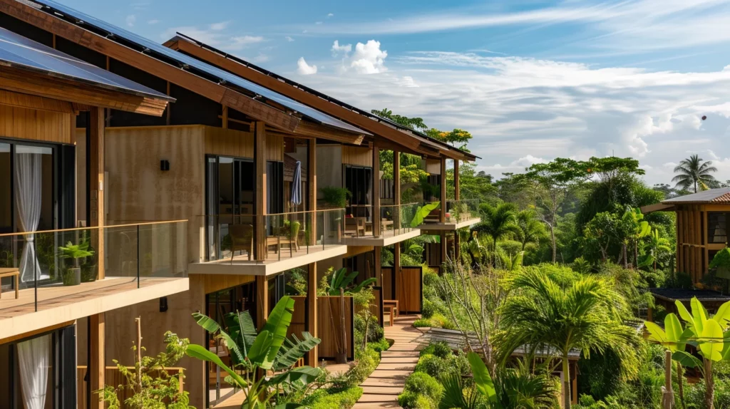 Two-story wooden houses with solar panels with plants and trees surrounding the properties 