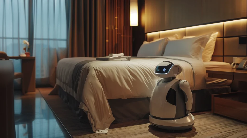 A hotel room with a queen-sized bed and a robot cleaner beside it