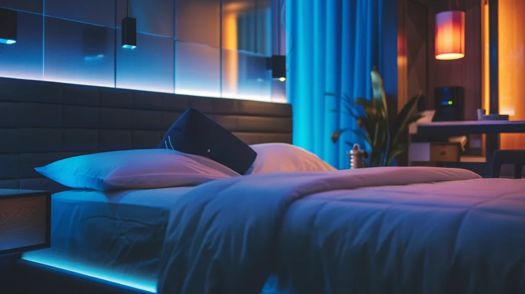 A bed with pillows and a lamp on the side