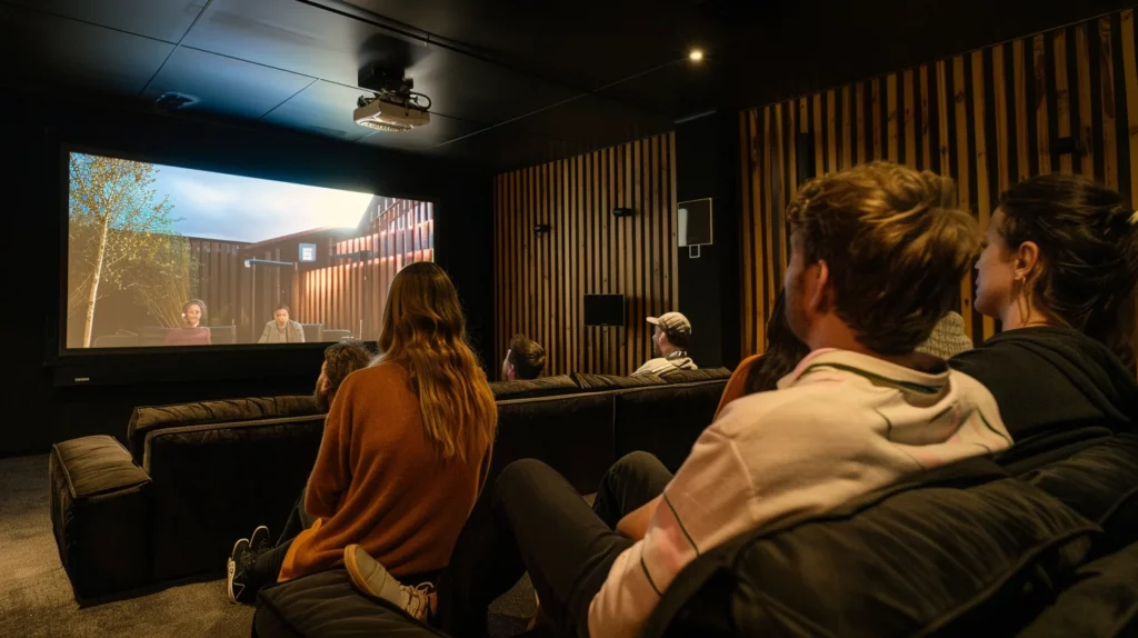 Group of people watching a movie inside a home cinema room