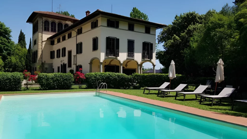 A large swimming pool in front of an Italian villa