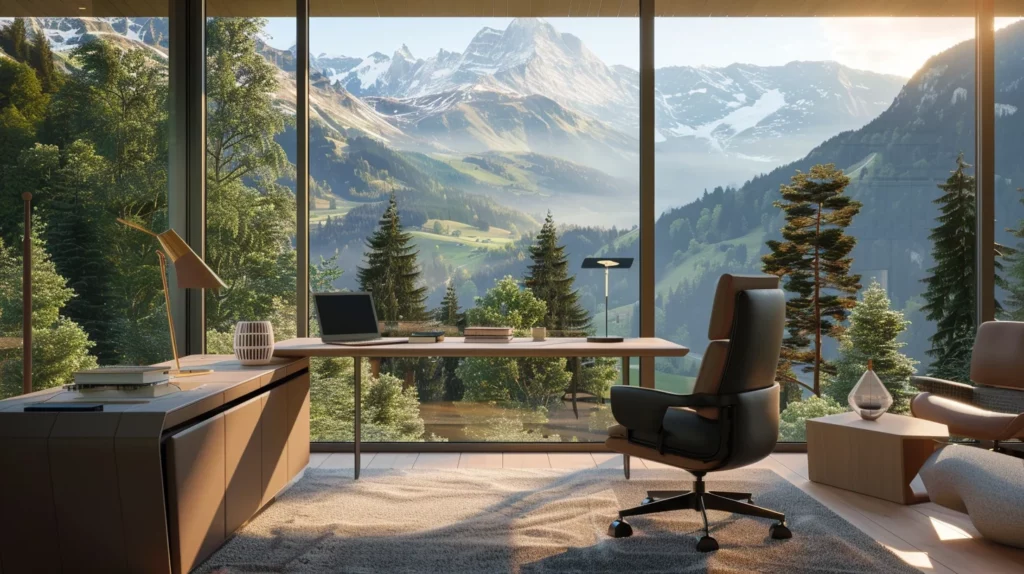 A room with an office desk and a chair with a view of the mountains in the Swiss Alps