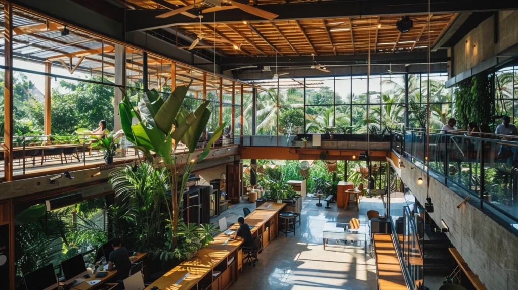 An expansive co-working space adorned with lush greenery with an open-air design