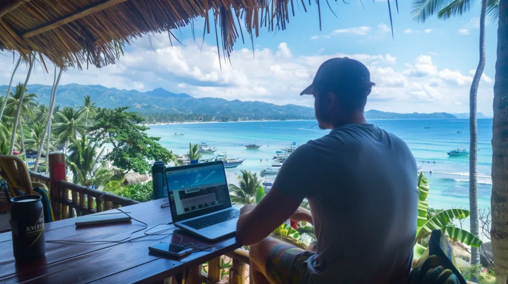 A man with a laptop on a wooden table with the view of the beach on the side