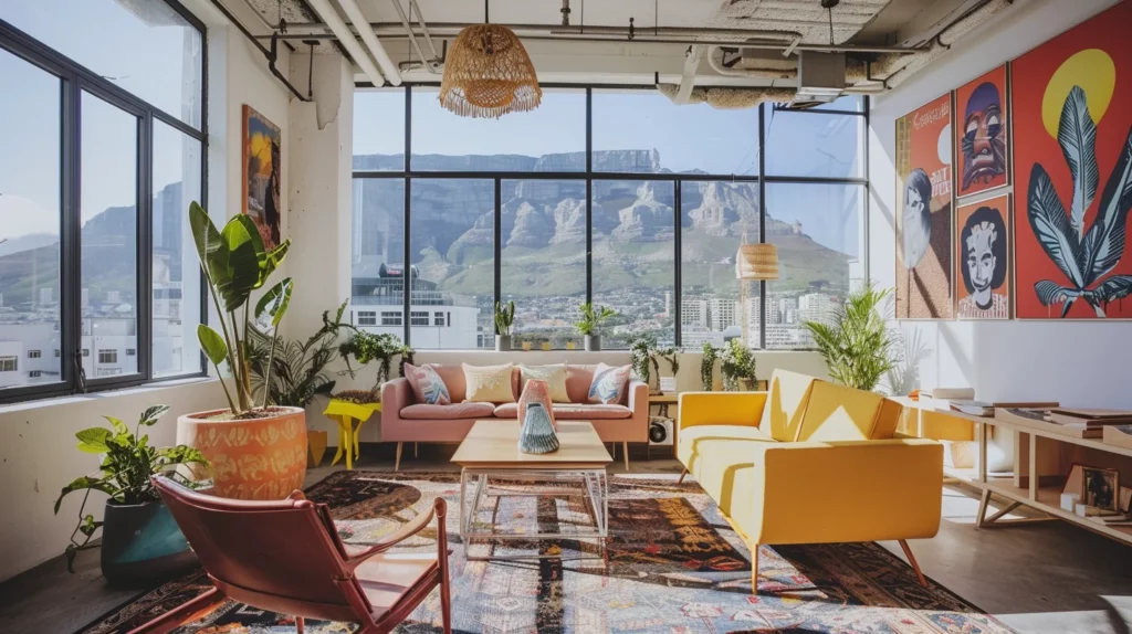 A room with couches and wall art paintings with a view of the mountain