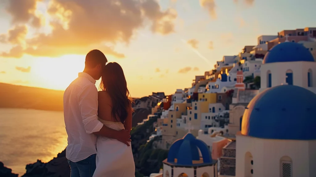 A man and a woman with Santorini’s white buildings and blue domes in the background during sunset