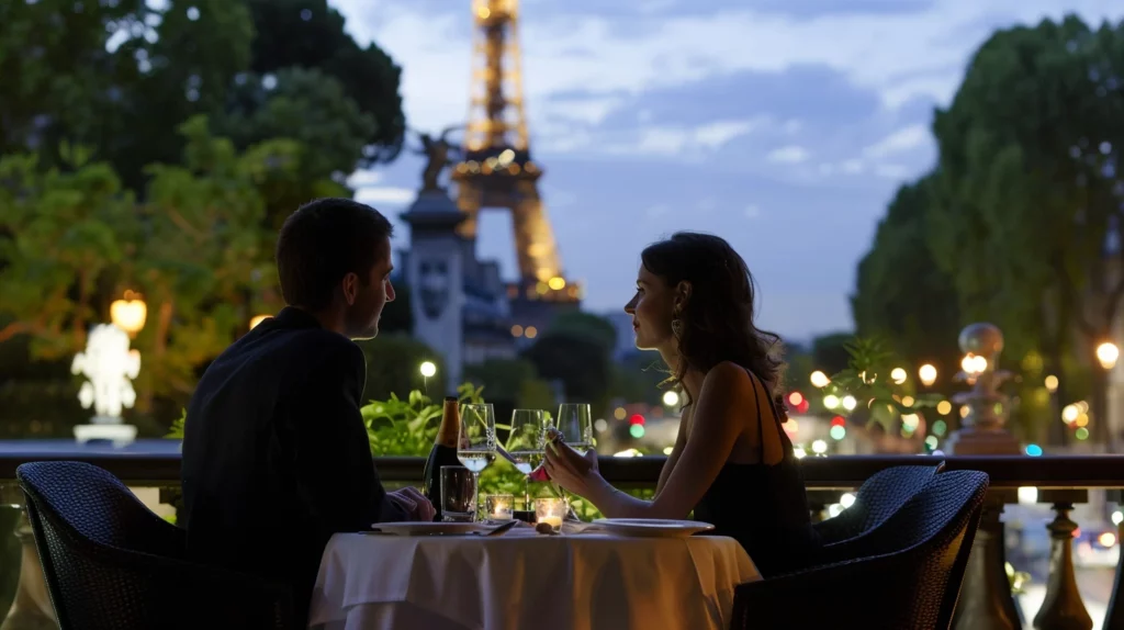 A man and a woman drinking wine with the Eiffel Tower in the background
