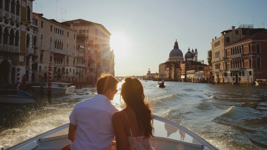 A man and a woman riding a boat along a Venetian canal