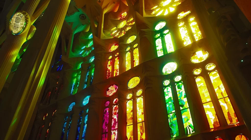 Light passing through the stained-glass windows of Sagrada Familia in Barcelona, Spain