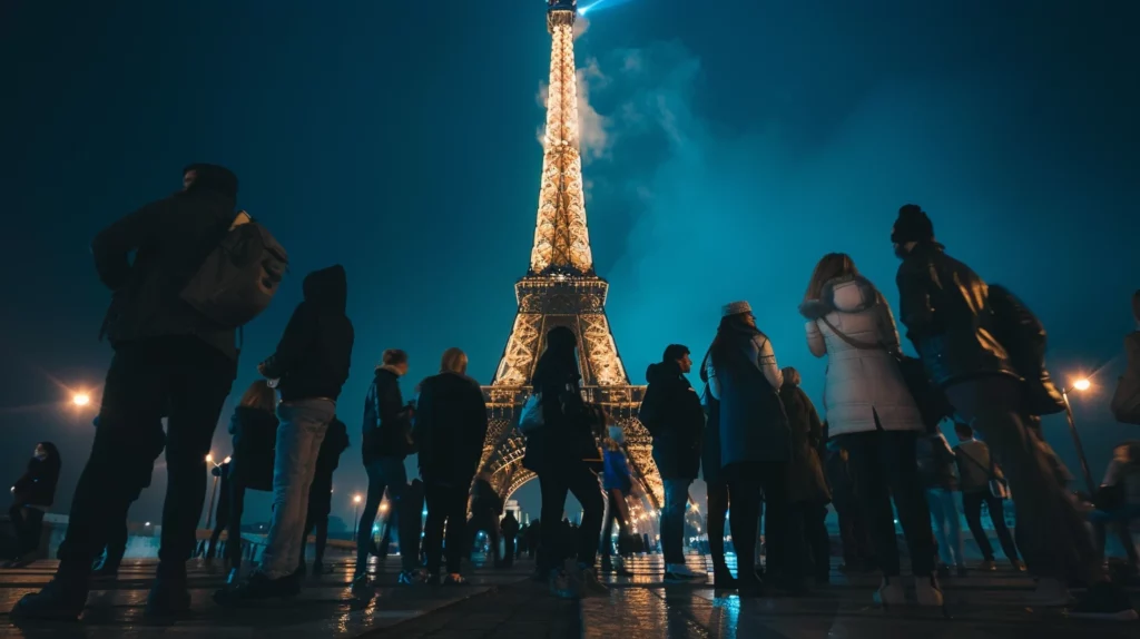 A group of people standing before the Eiffel Tower at night