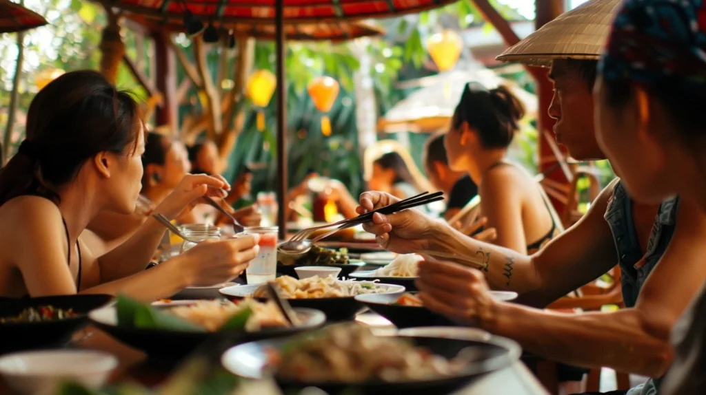 A group of people eating at the table of an outdoor restaurant