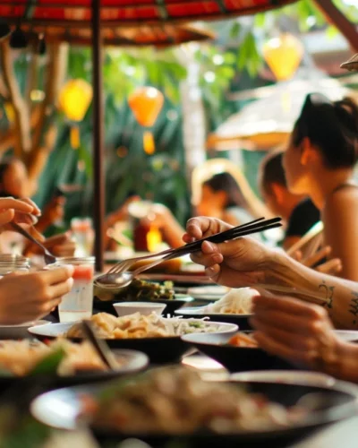 A group of people eating at the table of an outdoor restaurant