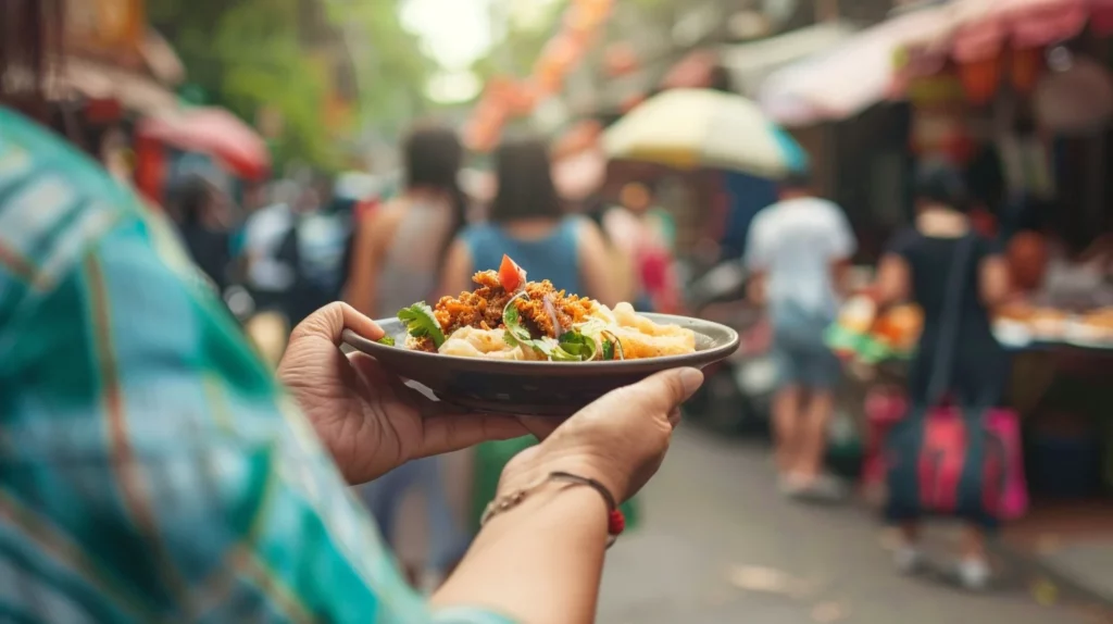 A hand holding a bowl of food with a bustling street in the background