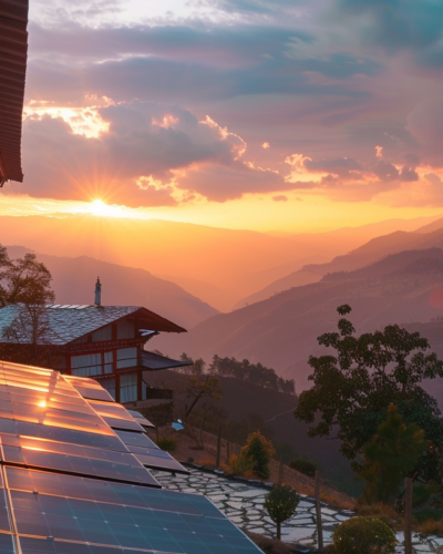 Sunrise over the Himalayas viewed from an eco-chic luxury lodge in Bhutan, highlighting sustainable design and solar panels.