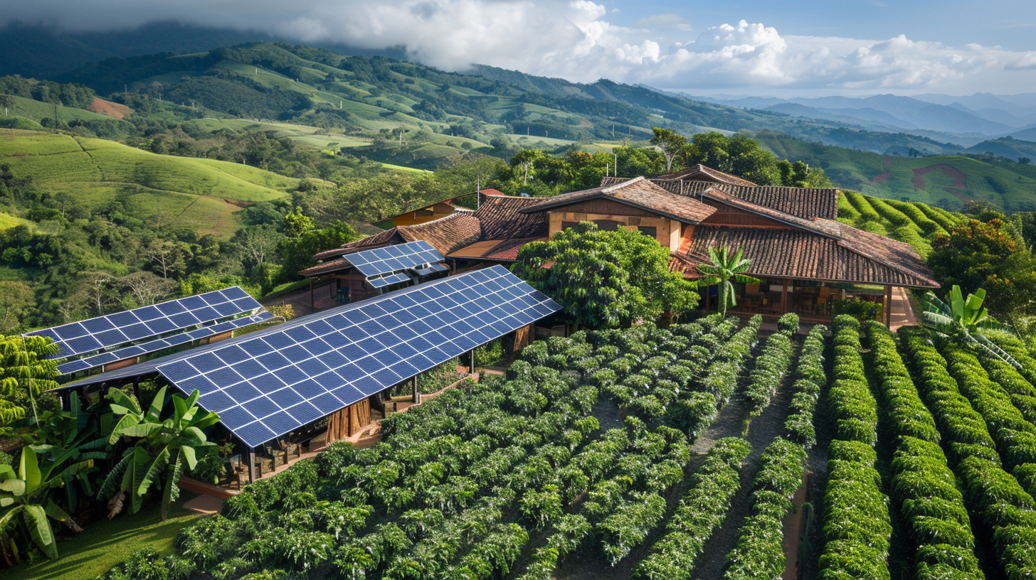 Aerial view of Finca Rosa Blanca Coffee Plantation Resort in Costa Rica, showcasing solar panels and lush greenery.