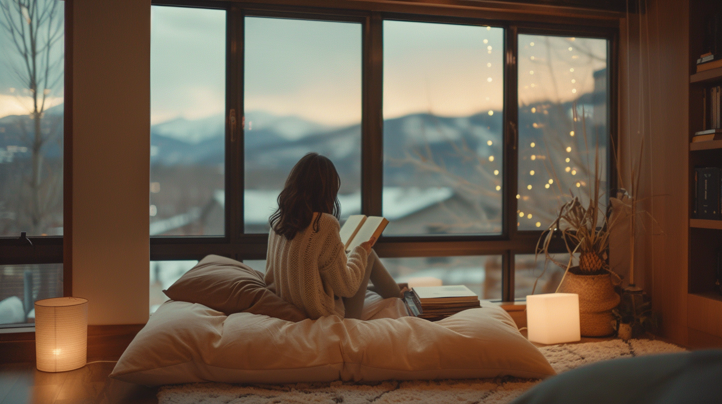 An individual engrossed in reading within a minimalist, cozy nook of an apartment, with the Rocky Mountains visible through large windows.