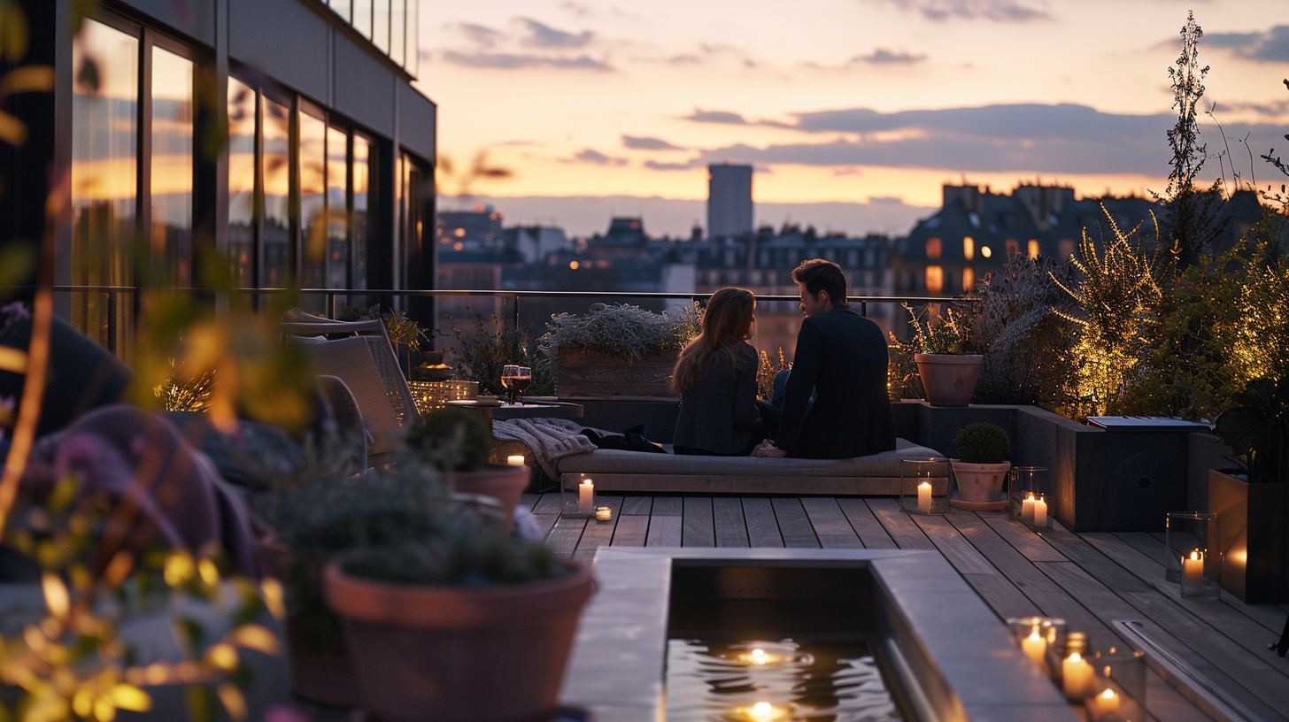 A couple enjoys a peaceful evening on a private balcony adorned with lush plants and a water feature, overlooking the Seine in Paris.