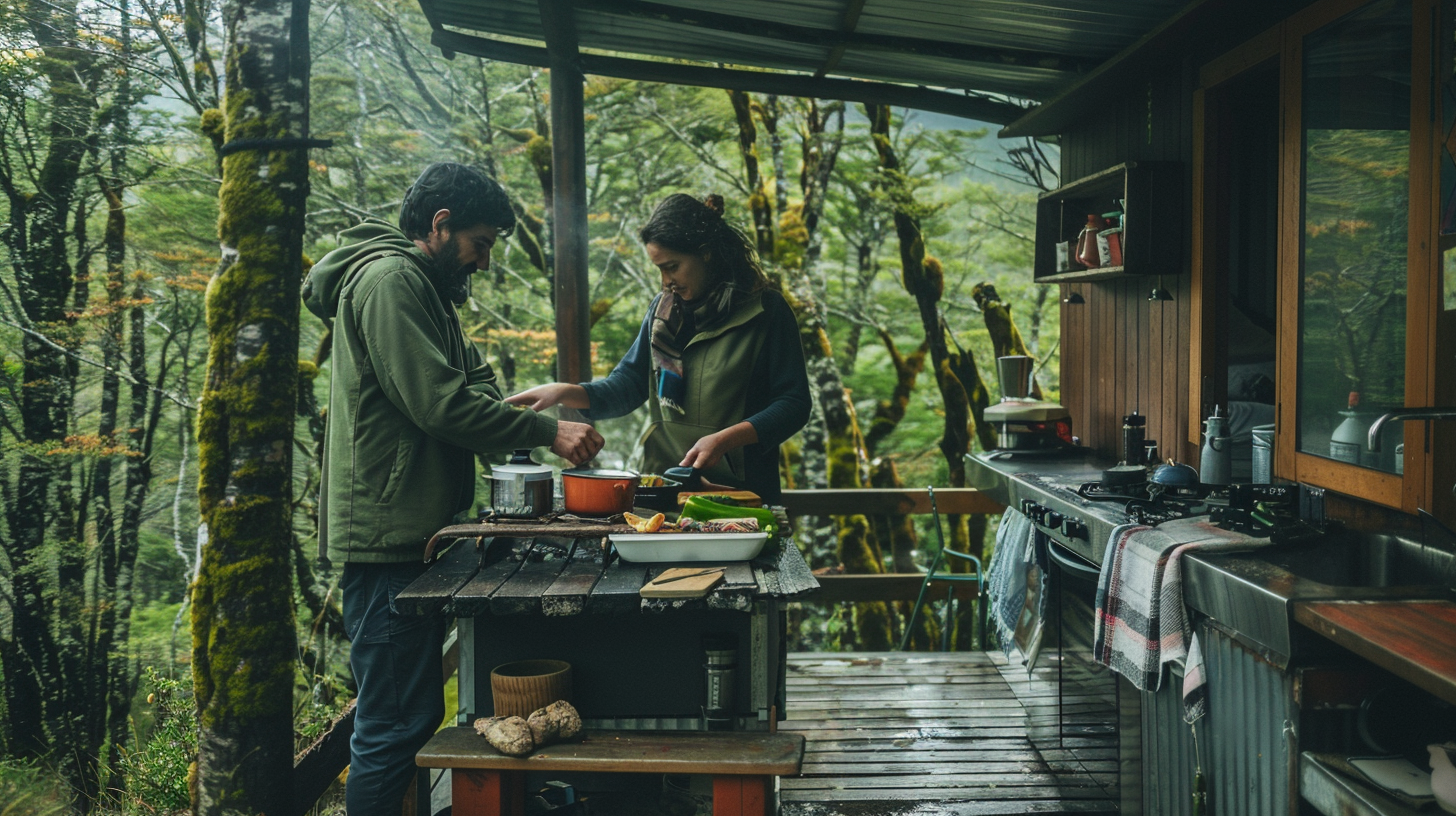 A couple collaboratively prepares a meal in an outdoor kitchen of a secluded, eco-friendly cabin nestled in the forests of Patagonia, Chile.