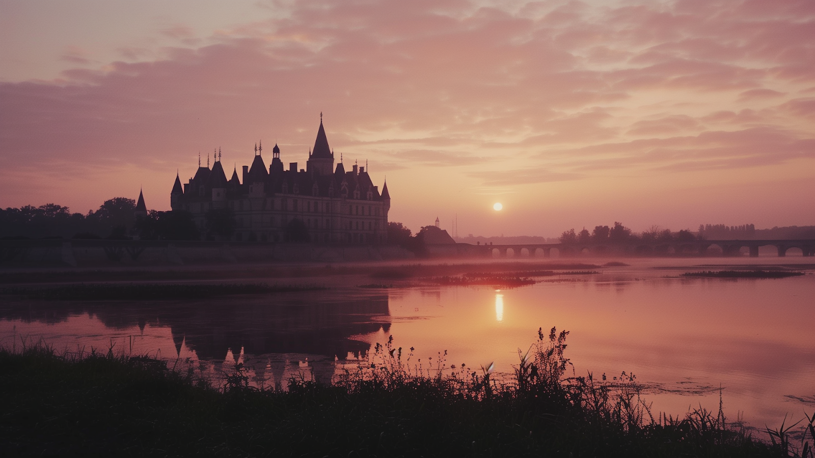 Sunrise over Loire Valley with a château silhouette against a pink and orange sky.