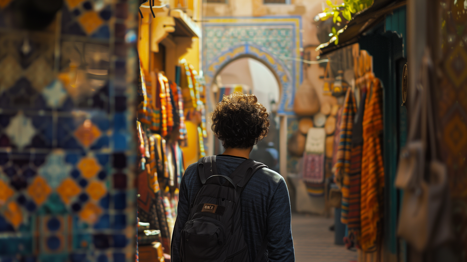 Traveler exploring the colorful, mosaic-lined streets of Marrakech's medina.