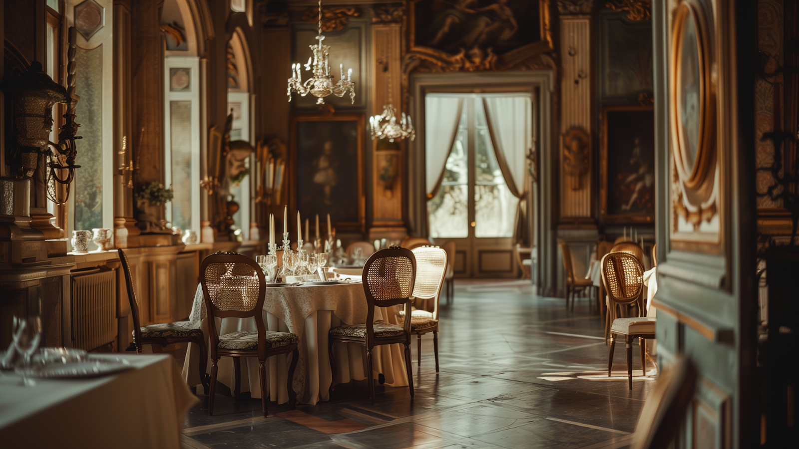 Elegant dining setup inside a Renaissance villa in Tuscany, under vintage chandeliers.