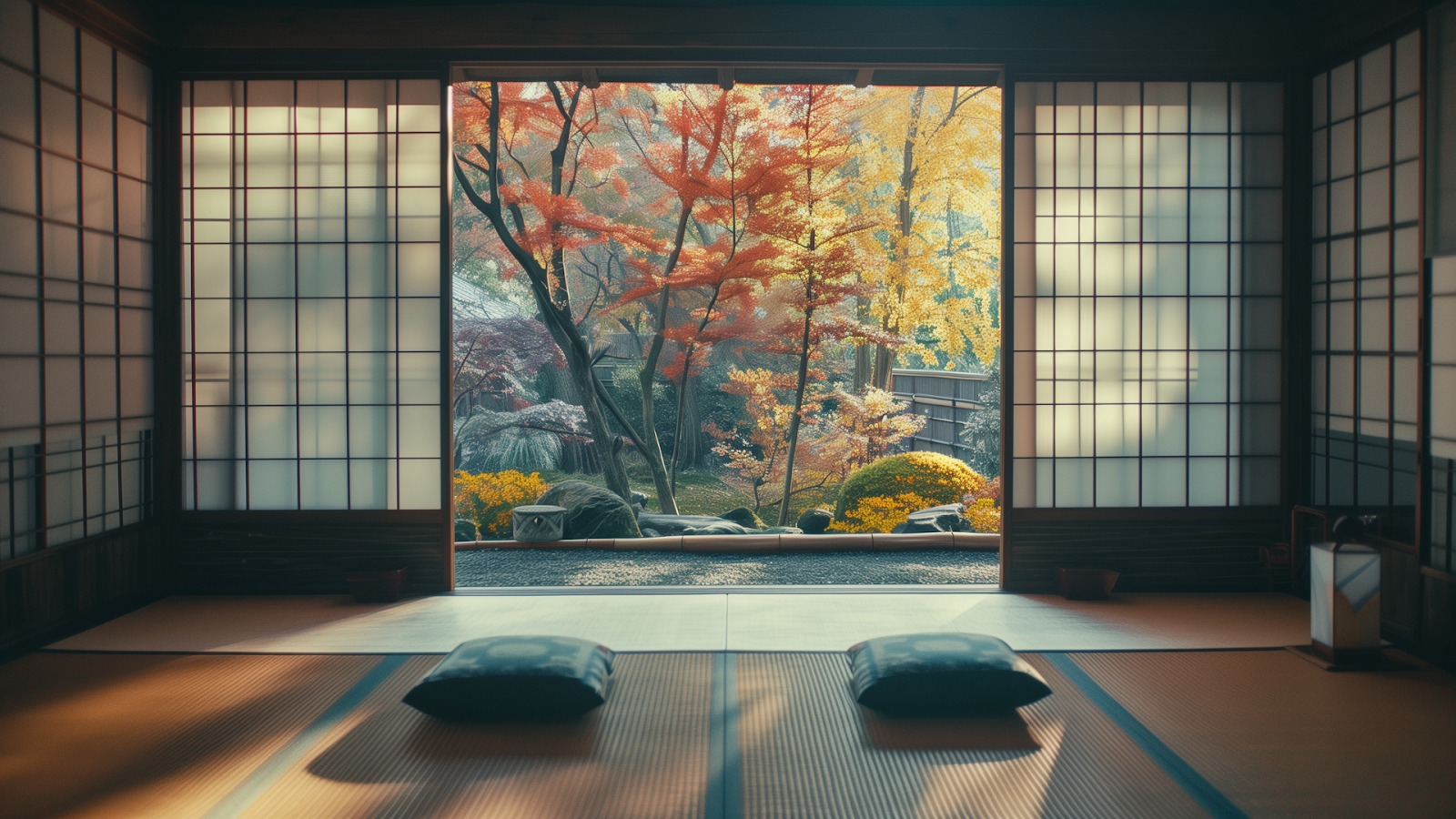 Inside a traditional Japanese ryokan, overlooking a serene Zen garden in autumn.