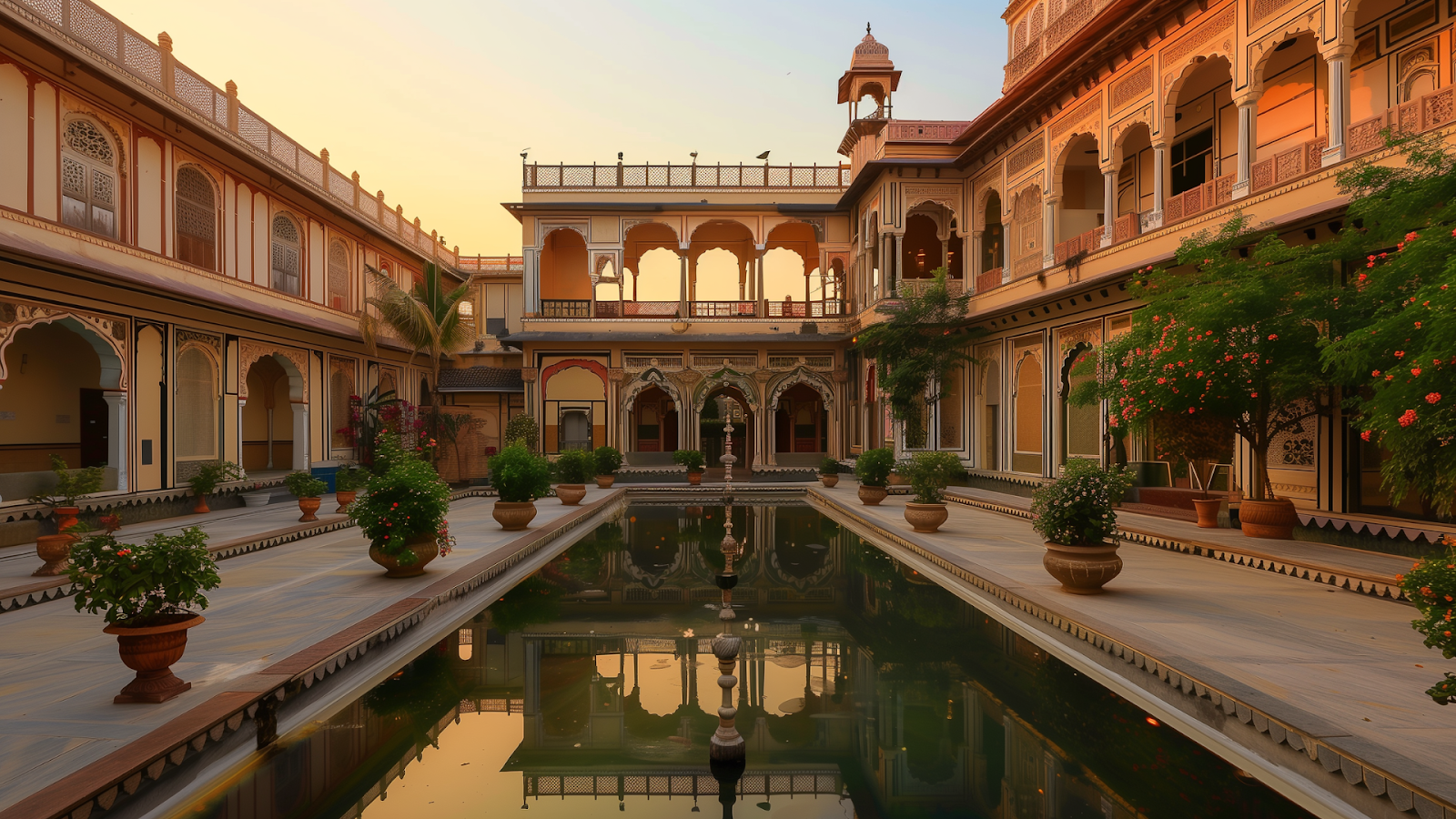 Sunrise illuminates a Rajasthani palace hotel's intricate façade and courtyard water features.