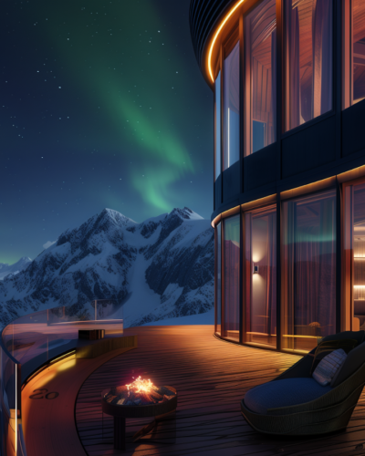 Observatory deck of a luxury retreat with a view of snow-capped mountains under the northern lights.