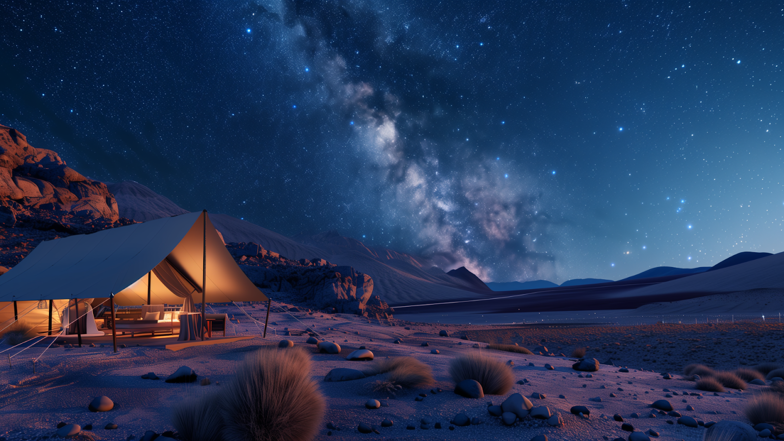 Serene twilight at Atacama Desert with a luxury tent and a couple stargazing at the Milky Way.