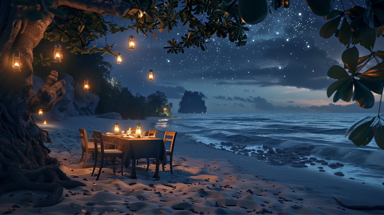 Intimate beach dinner under the stars with soft lantern light and gentle waves.