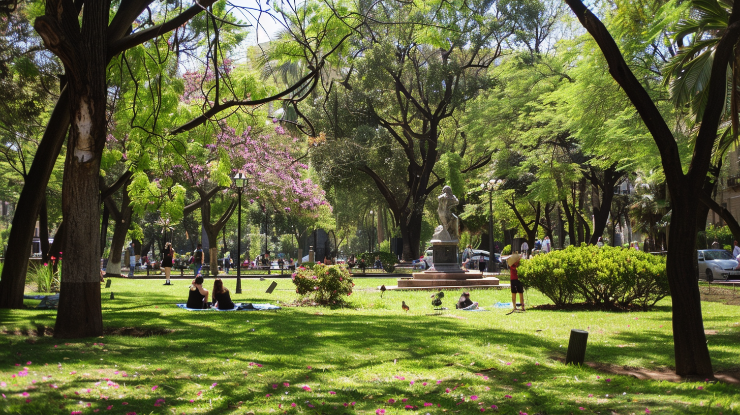 People enjoying picnics on the grass, surrounded by flowering trees and historic statues in a park at Colonia Roma.