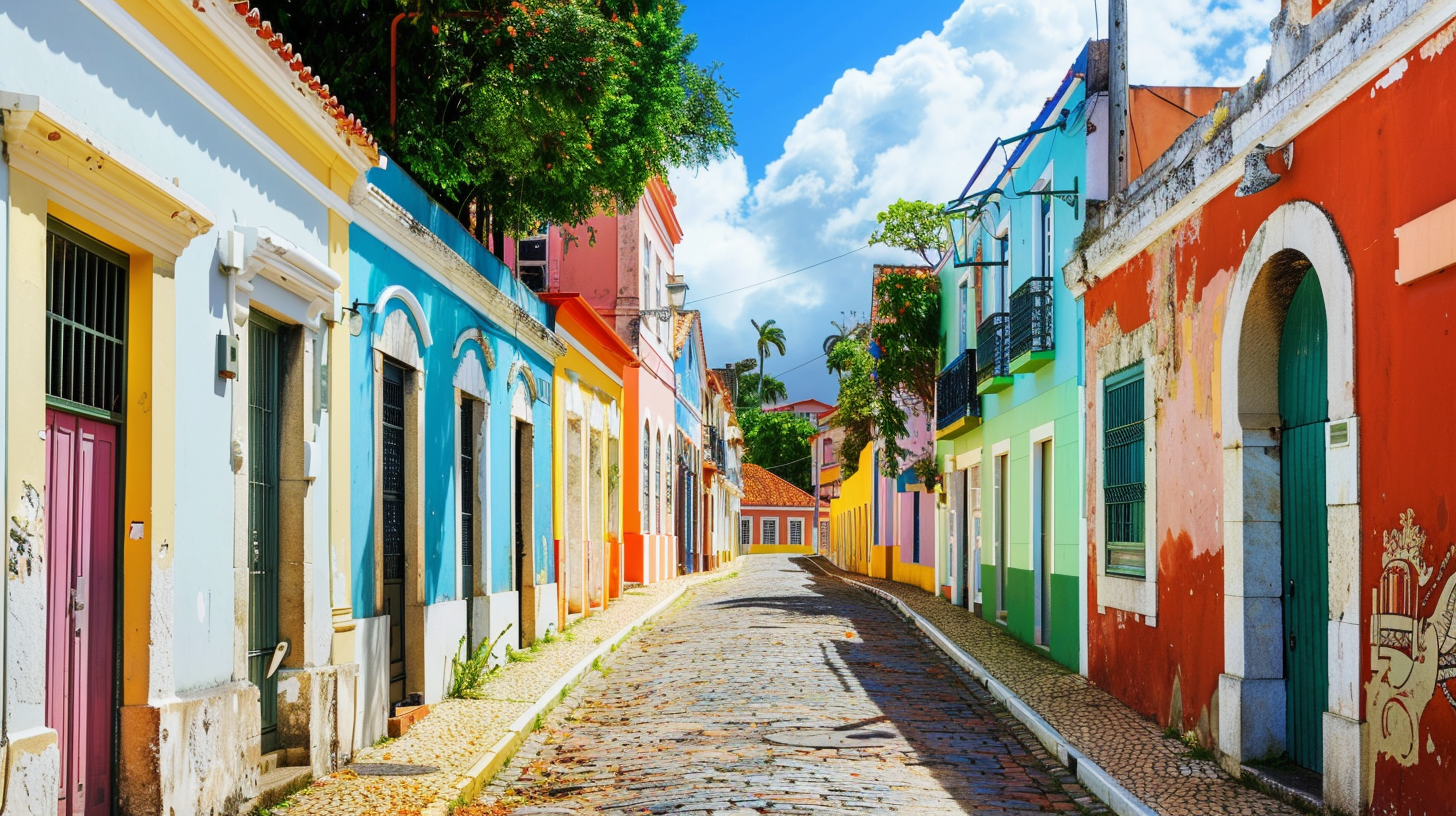 A picturesque street in the historic district of Santo Antônio de Lisboa, lined with colorful colonial buildings.