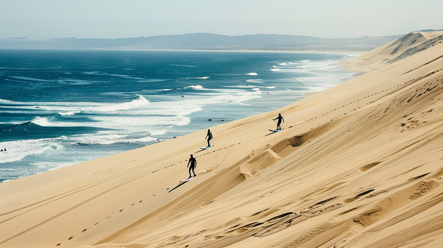 People sliding down the famous dunes of Joaquina Beach on boards.