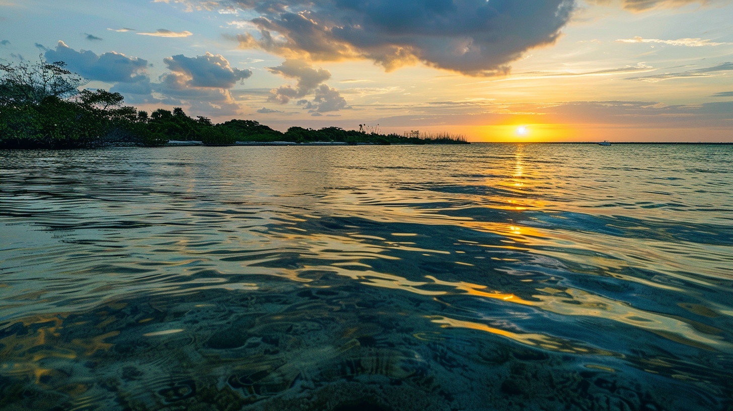 A stunning sunset view from Campeche Island, showcasing clear waters and untouched nature.
