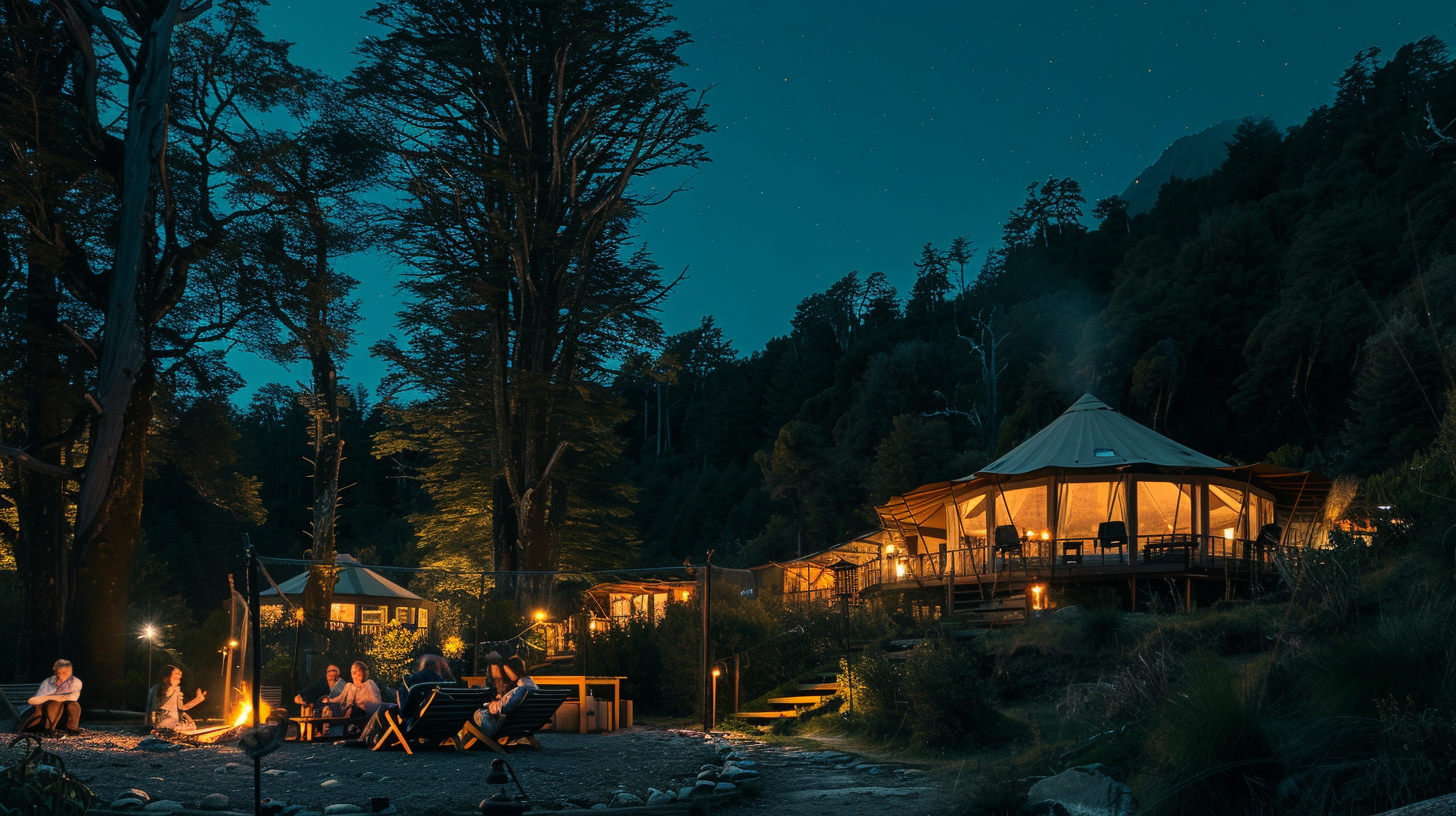 Guests enjoying a cozy evening by the fire at Patagonia Camp in Chile, under a starlit sky, emphasizing eco-luxury and community.