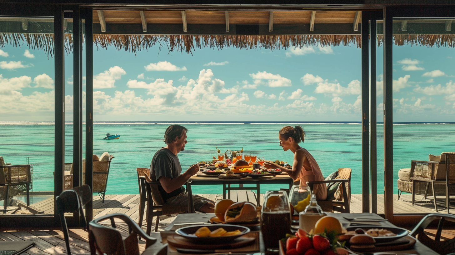 Couple having an organic breakfast at an eco-chic resort in French Polynesia, with a scenic view of the ocean.