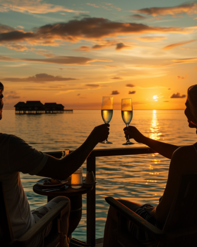 Couple celebrating with champagne on a Maldives overwater bungalow deck at sunset.