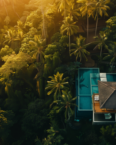 Luxurious villa with infinity pool in Ubud’s lush jungle, highlighting the privacy and exclusivity of the luxury retreat.