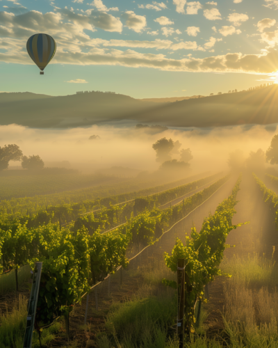 Early morning in Napa Valley with sunlight piercing through fog over vineyards and a hot air balloon in the distance.