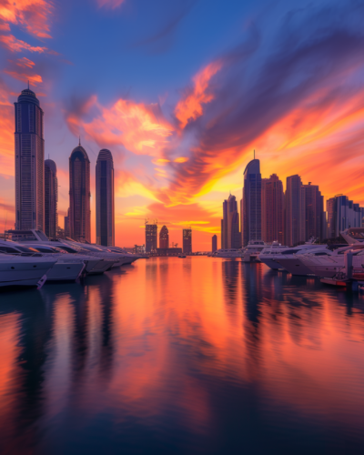 Sunset illuminating Dubai Marina, showcasing luxury yachts and the city's modern skyline.