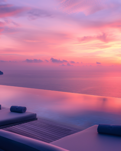 Early morning view of a luxury villa pool in Phuket, with the pool reflecting the colorful sunrise over the Andaman Sea.